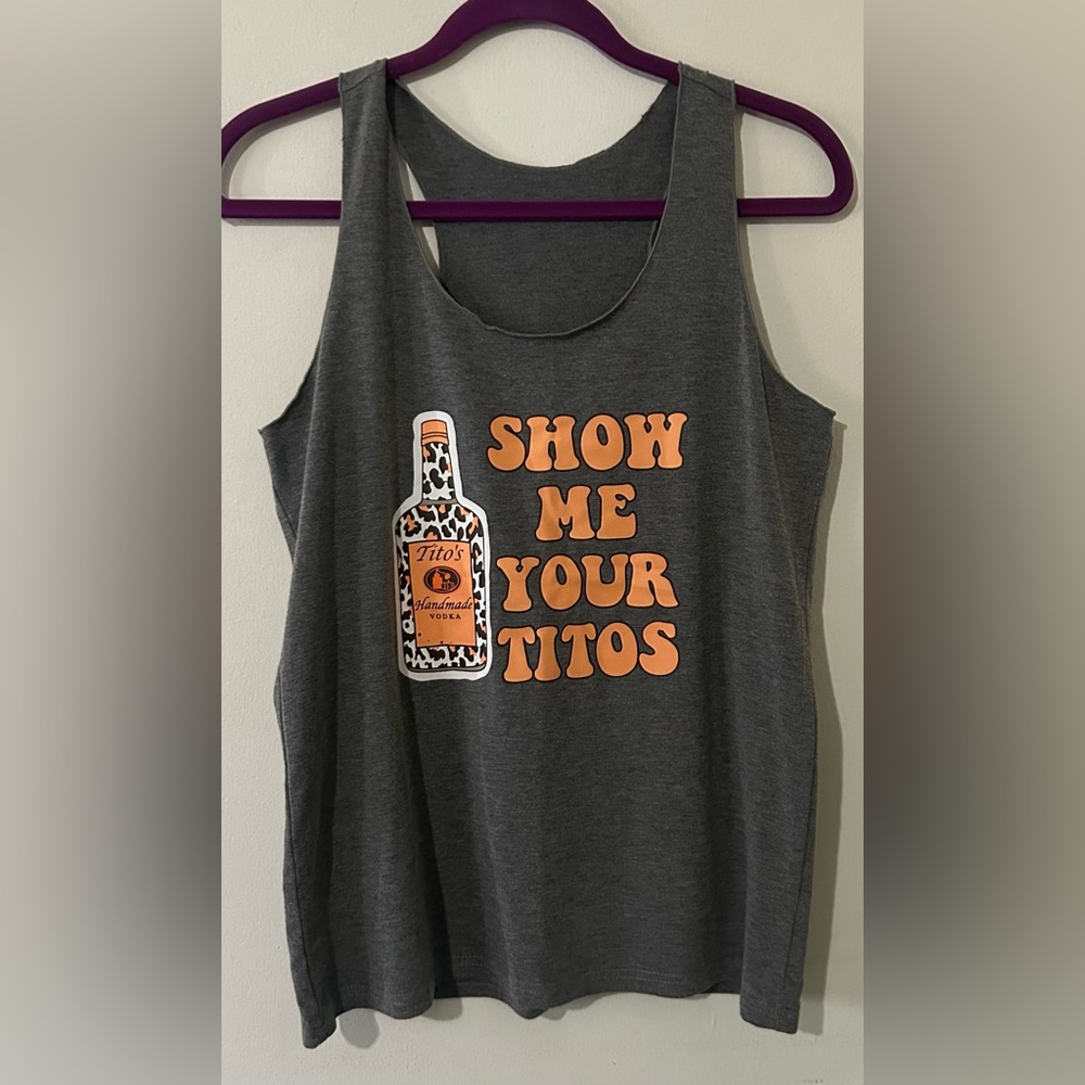 “Show Me Your Titos” Gray Tank Top with Orange Tito's Graphic